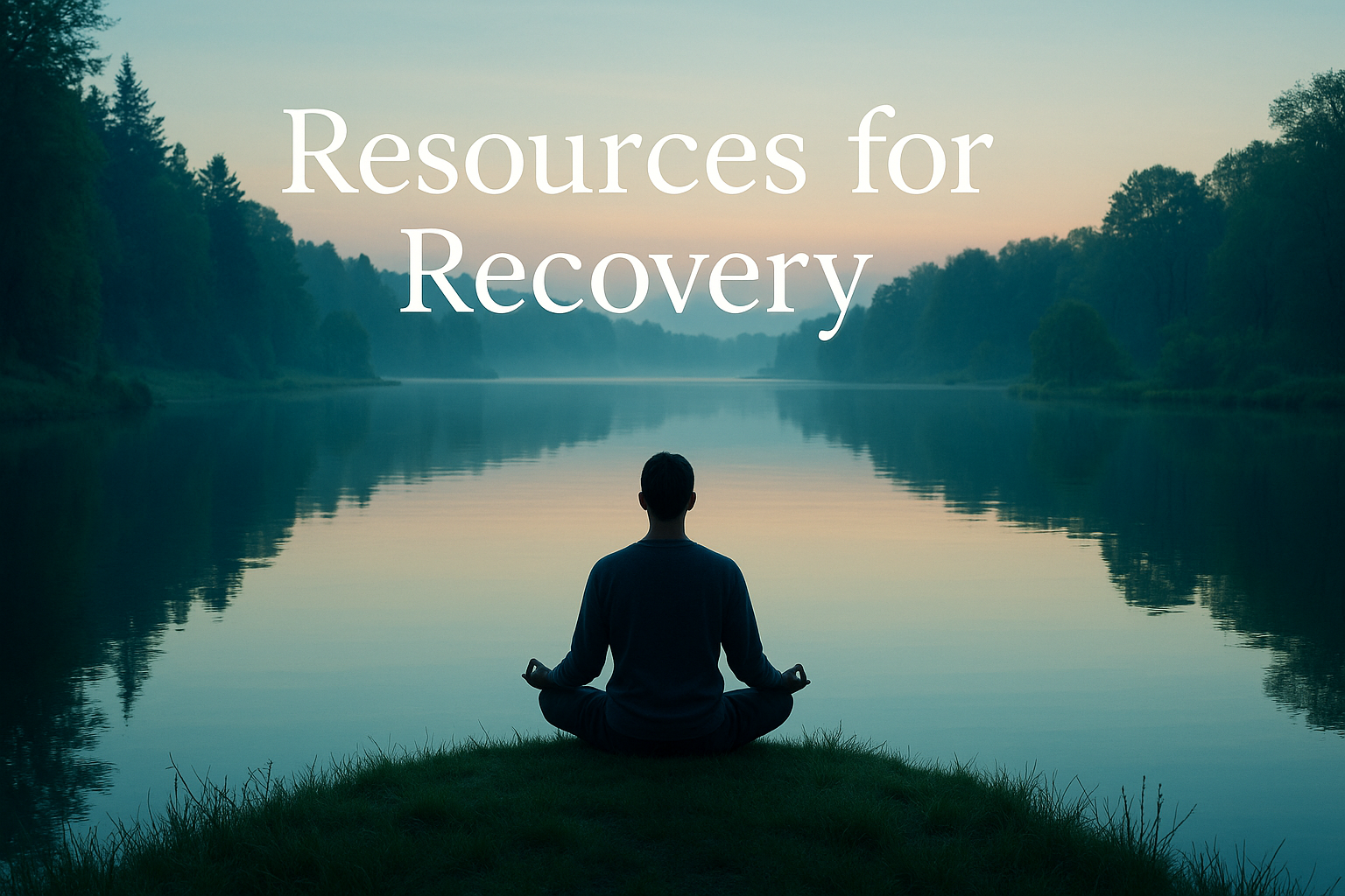 Lake meditation with Resources for Recovery text overlay